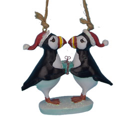 Two Puffins Holding a Present Ornament