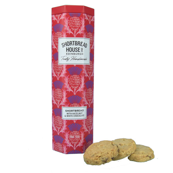 SALE White Chocolate and Hazelnut Shortbread in tall thistle tin