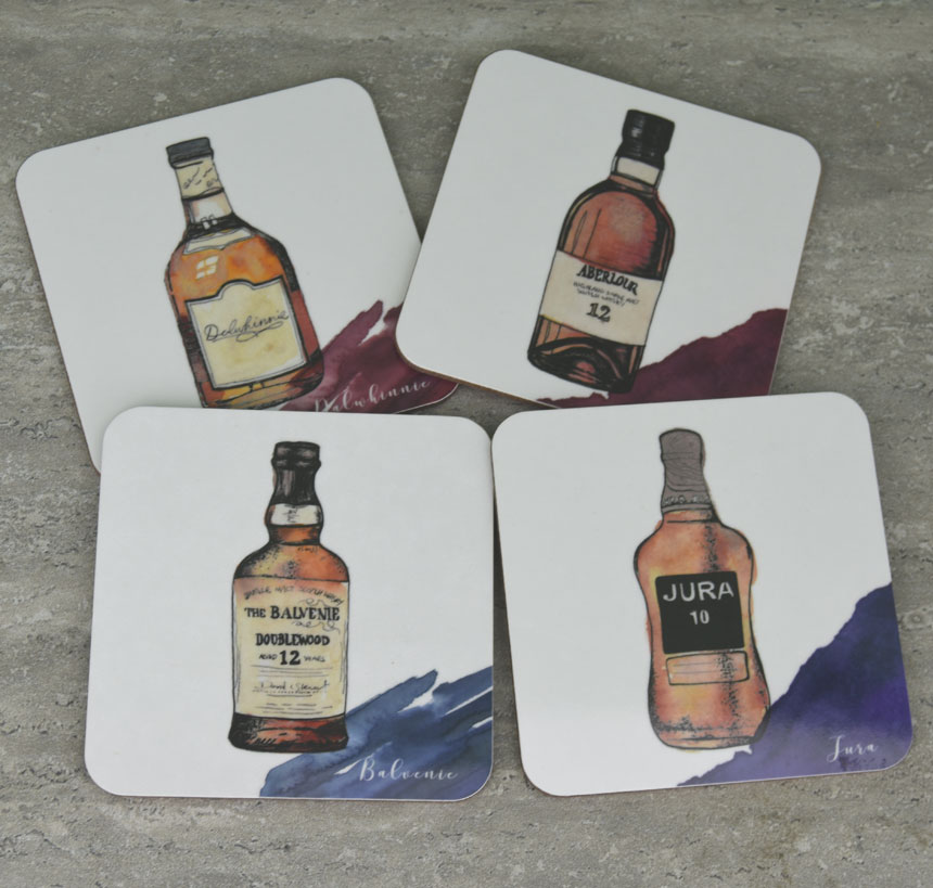 Whisky Bottle Coasters by Sarah Leask - set of four