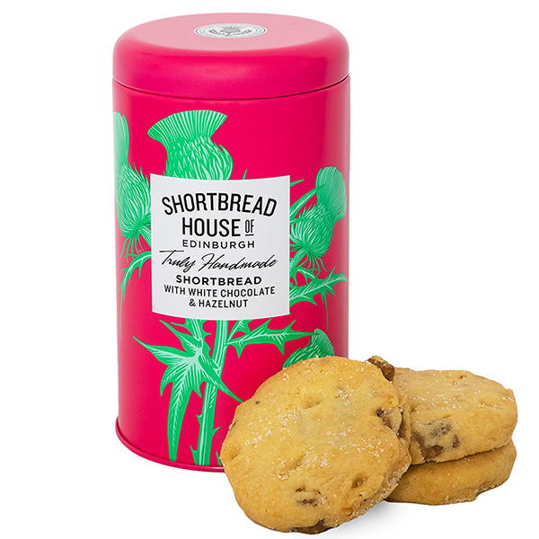 White Chocolate and Hazelnut Shortbread in pink thistle tin