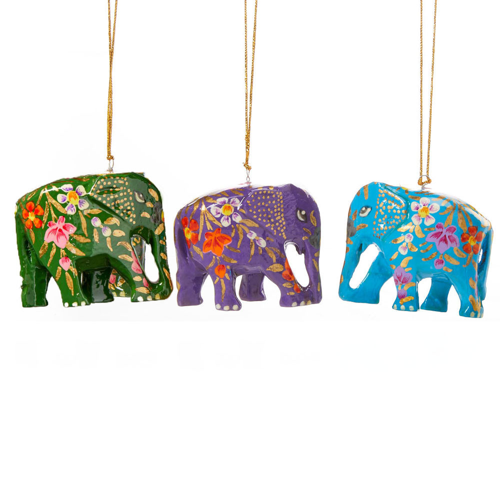 Colorful Kashmiri Elephant Ornaments - Set of 3
