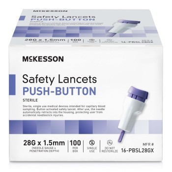 LANCET,SAFETY PUSH-BUTTON 28GNDL 1.5MM LF PUR,100/BX
