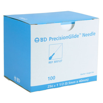 25g x 1 ½” PrecisionGlide sterile hypodermic needle, 100/bx