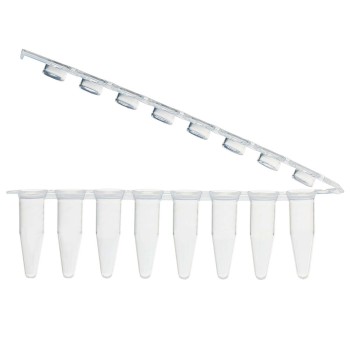 0.2ML 8-STRIP TUBES,WITH HINGED,ATTACHED 8-STRIP CLEAR FLAT CAPS,NATURAL,125/BX