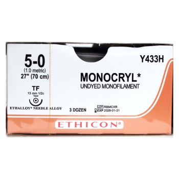 SUTURE,MONOCRYL POLIGLECAPRONE 25,5-0,TF,27IN,UNDYED,36/BX