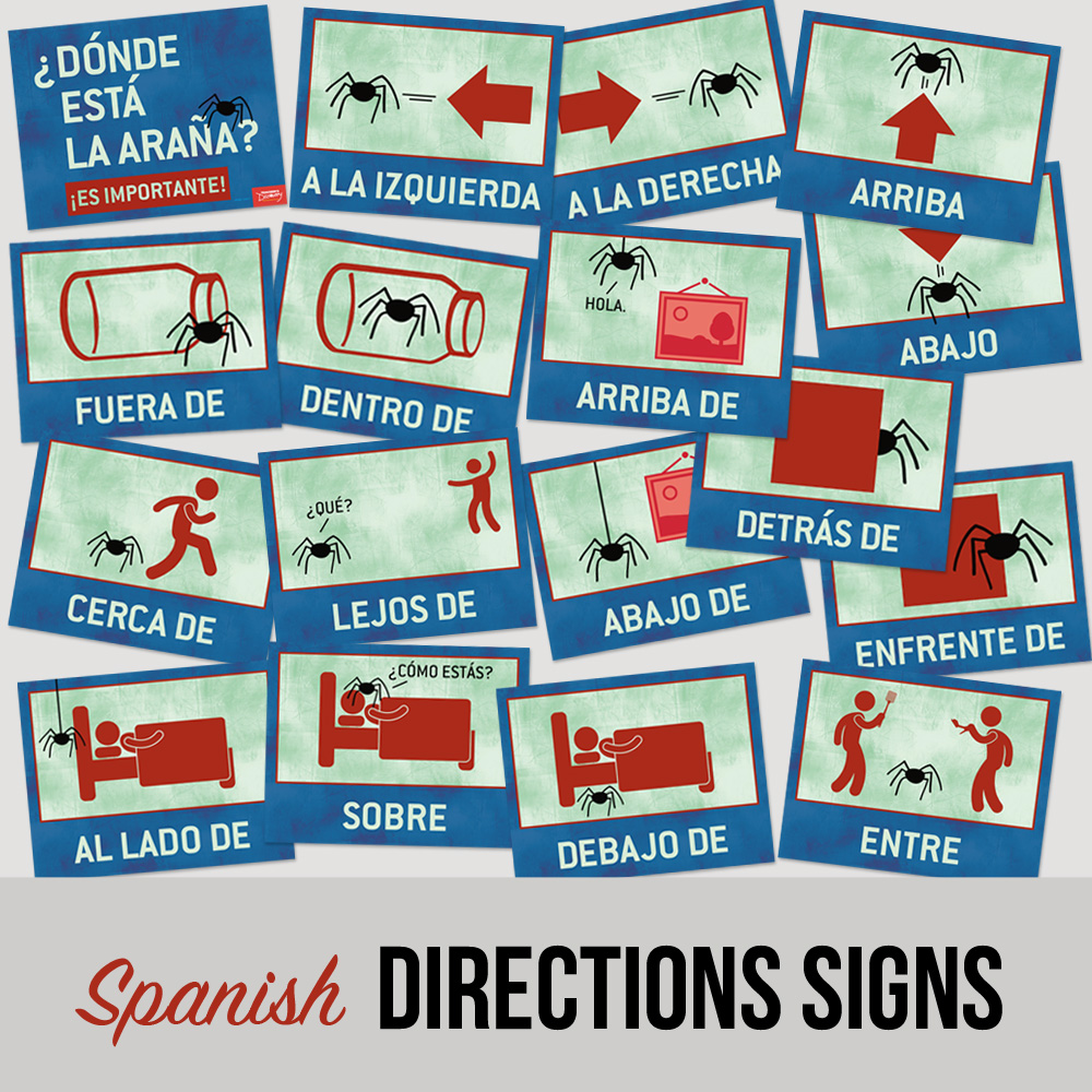 Where is the Spider? Spanish Directions Signs - Set of 17