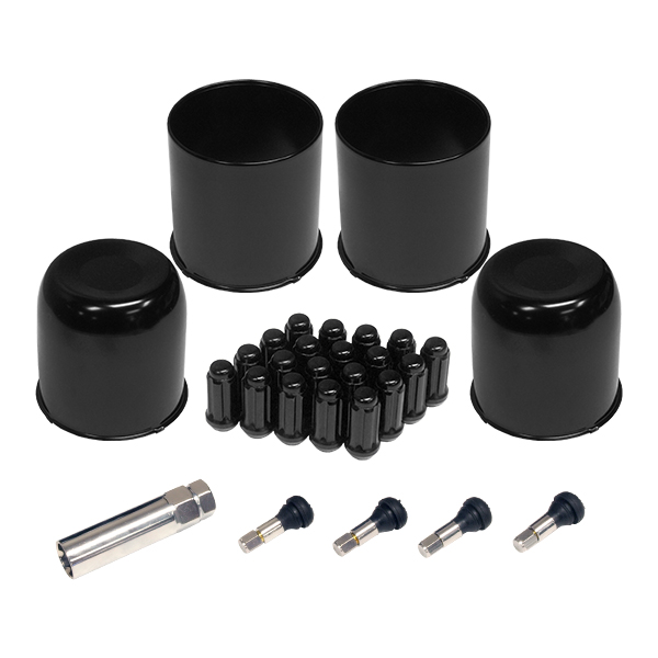 Black Cap And Spline Lug Wheel Install Kit 4 stems 2 open 2 closed caps 20 spline lugs and key