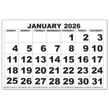 Low Vision Print Calendar- 2026