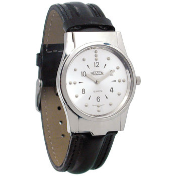 Reizen Mens Braille Watch -Chrome, Leather Band