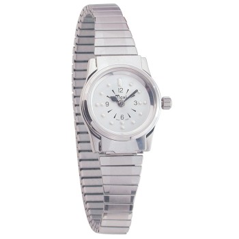 Ladies Chrome Quartz Braille Watch with Chrome Expansion Band