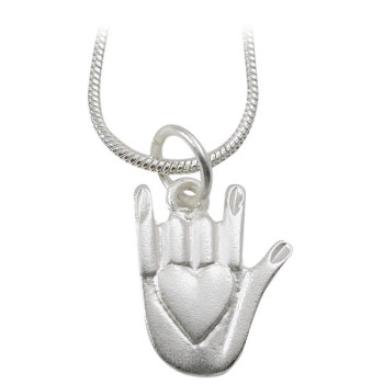 I Love You Hand-Shaped Medallion with Heart and Chain - Silver