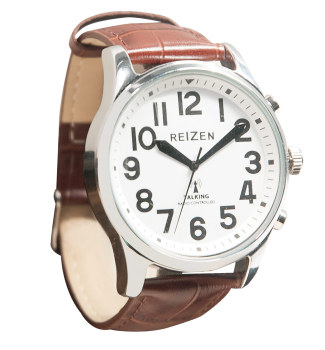 Reizen Big Face Talking Atomic Watch- Embossed Brown Leather Band