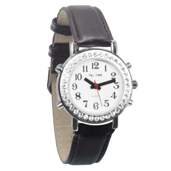 Ladies Talking Watch with Rhinestone Bezel and Leather Band- Spanish