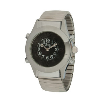 Womens Chrome Braille Talking Watch-Spanish-Black Dial Expansion Band