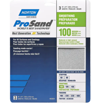 Norton ProSand Aluminum Oxide Sandpaper 9 x 11 inch Medium 100 Grit 3 Pack