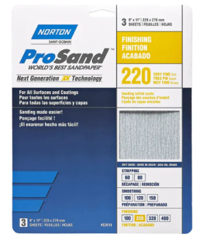 Norton ProSand Aluminum Oxide Sandpaper 9 x 11 inch Very Fine 220 Grit 3 Pack