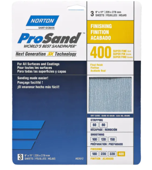 Norton ProSand Aluminum Oxide Sandpaper 9 x 11 inch Super Fine 400 Grit 3 Pack