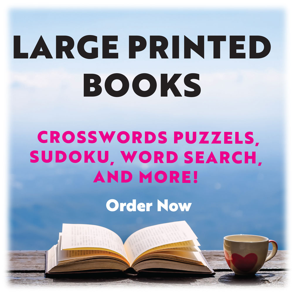 Large printed books. Crosswords puzzels, sudoku, word search, and more! Order now.