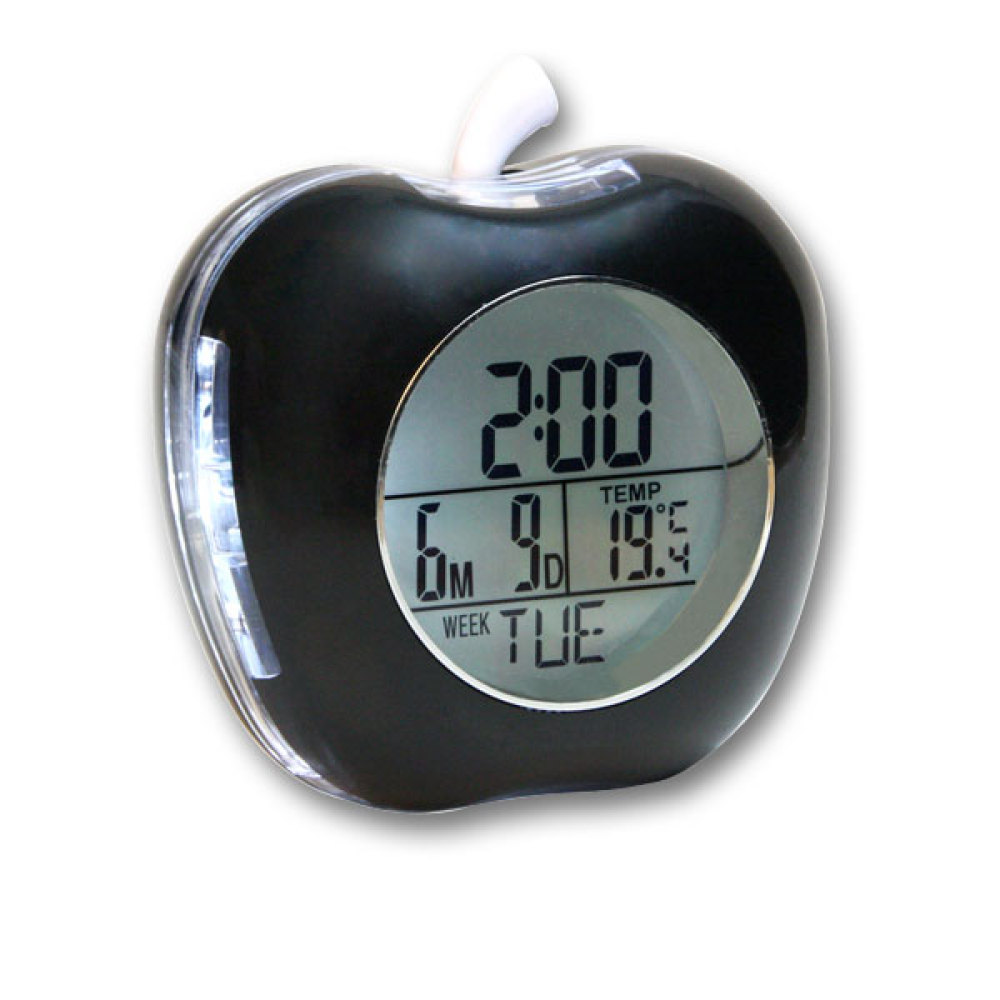 Apple Shaped Talking Alarm Clock with Temperature and Calendar - Black