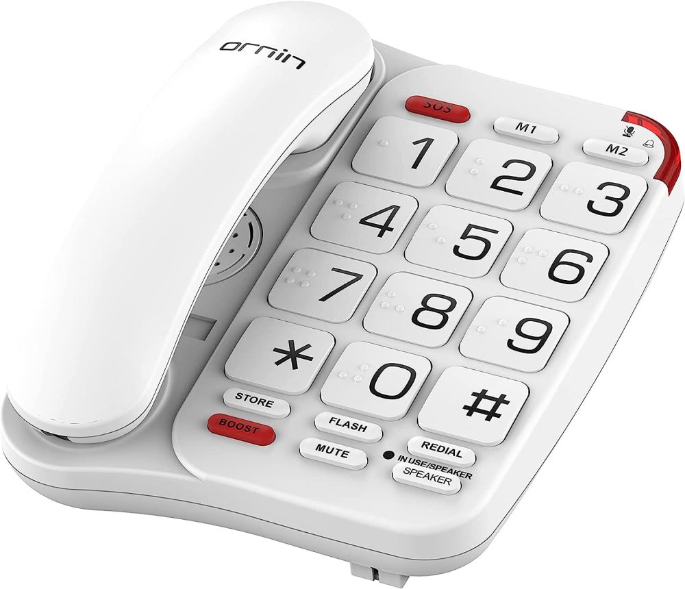 Ornin Braille Big Button Corded Telephone with Speaker- White