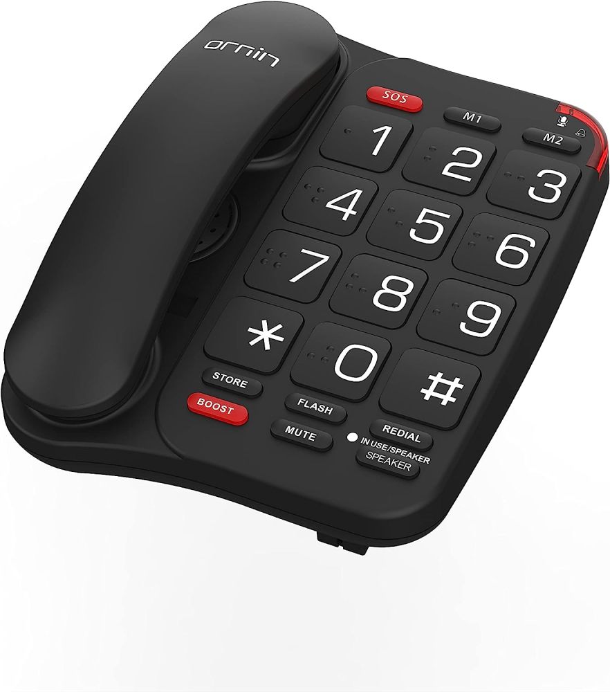 Ornin Braille Big Button Corded Telephone with Speaker- Black