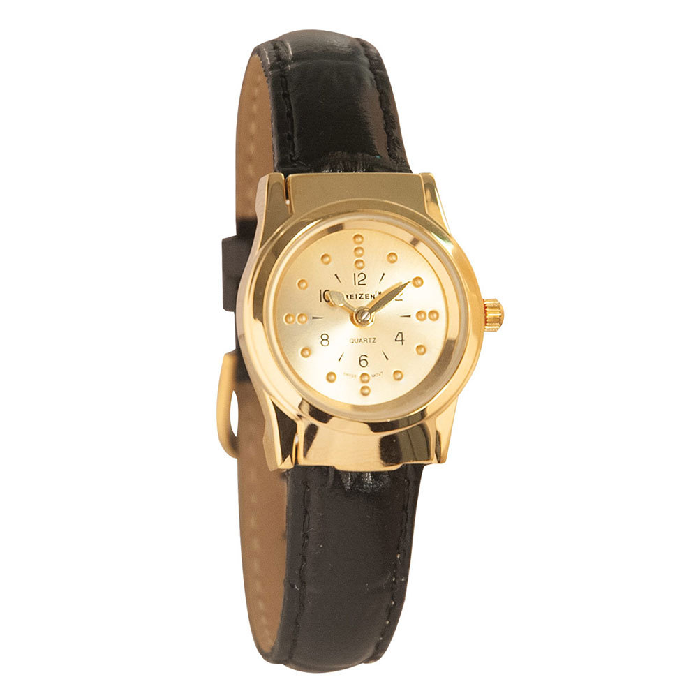REIZEN Braille Womens Watch -Gold-Tone, Leather Band