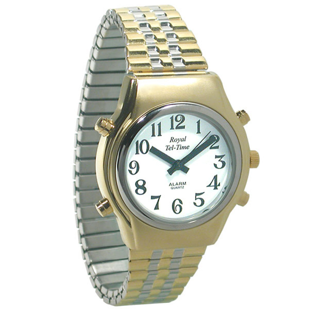 Mens Royal Tel-Time Bi-Color Talking Watch-White Dial - Expansion Band