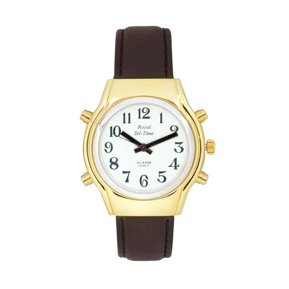 Mens Royal Tel-Time Bi-Color Talking Watch - White Dial - Leather Band