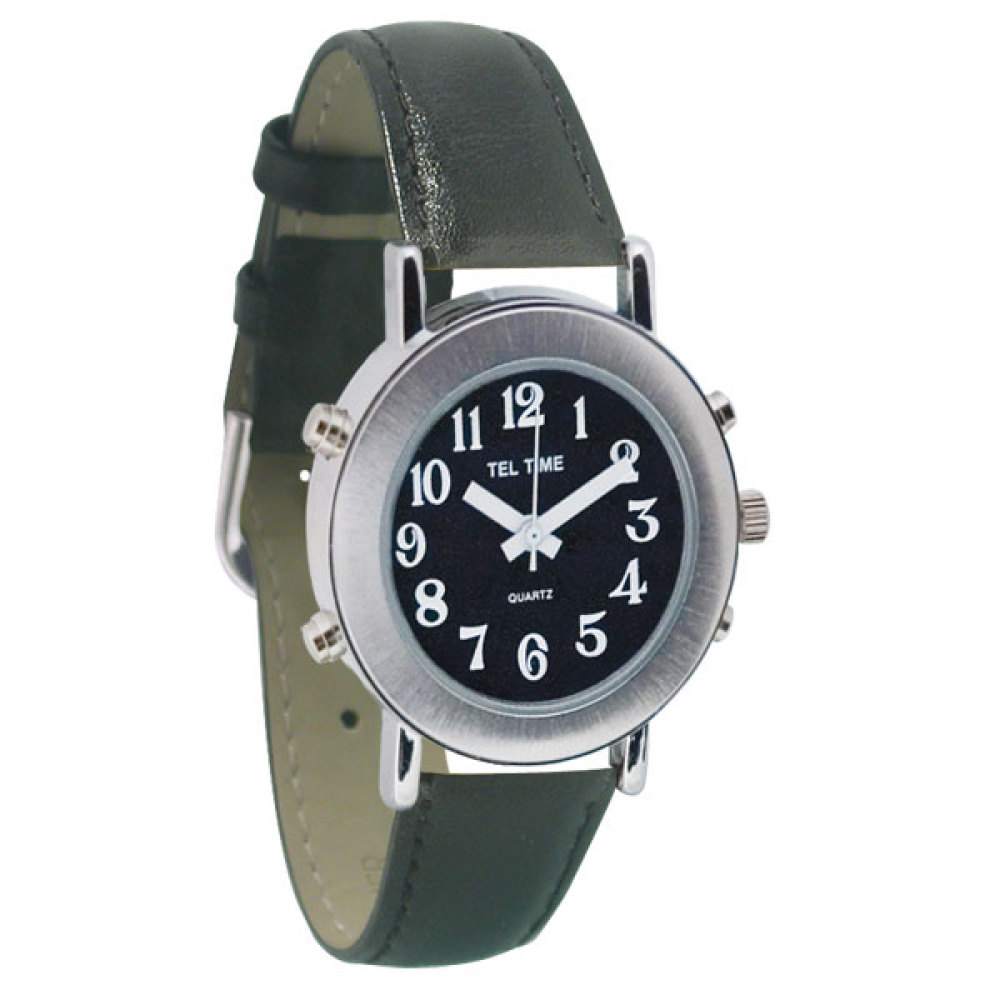 Tel-Time Ladies Chrome Talking Watch - Black Face, Leather Band