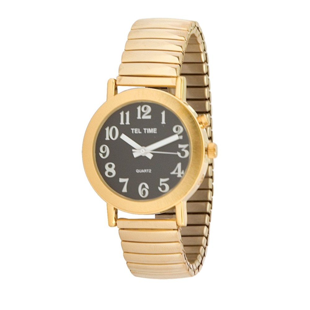 Tel-Time Mens Gold Tone Expansion One Button Talking Watch- Black Face
