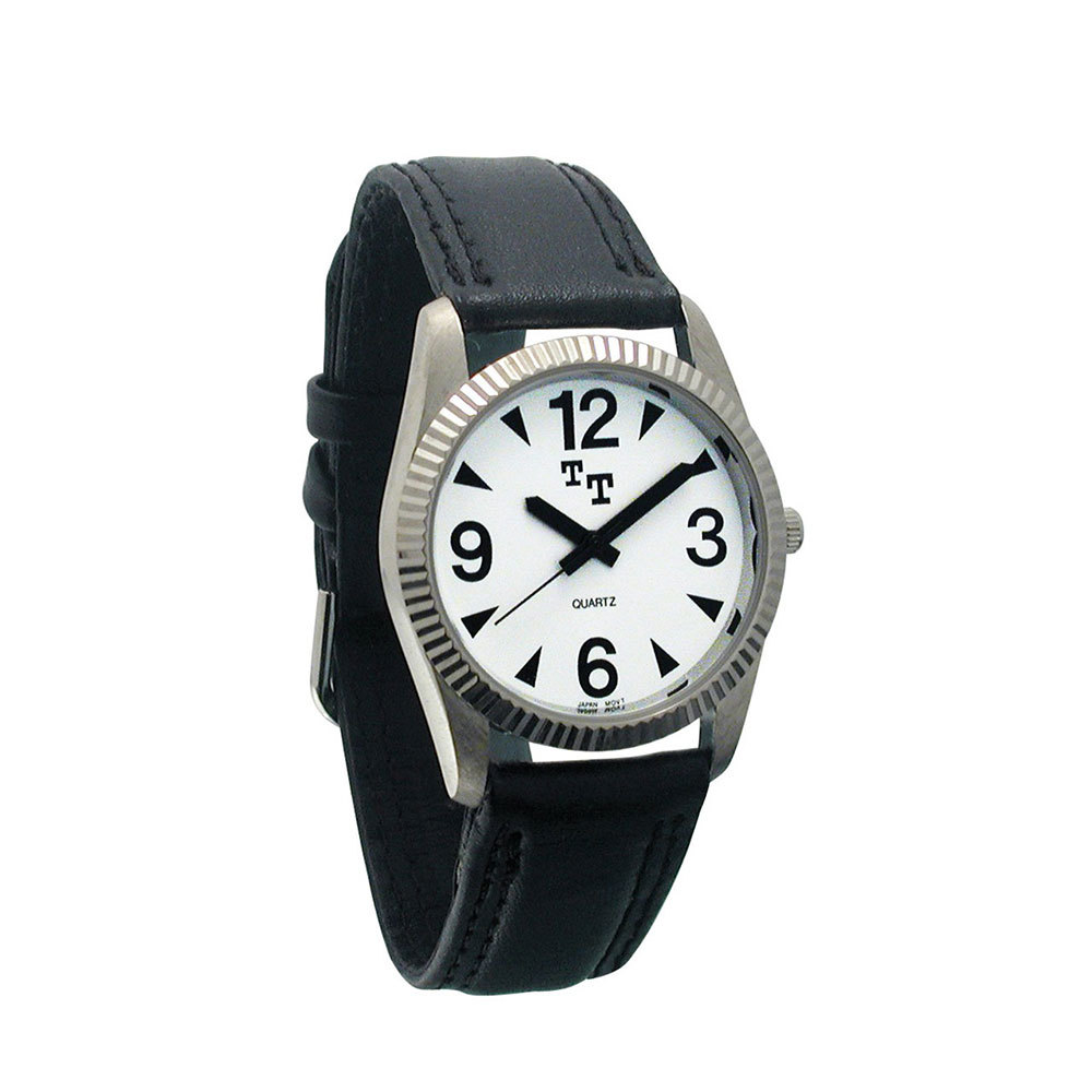 Tel-Time Low Vision Mens Watch with Leather Band and White Dial