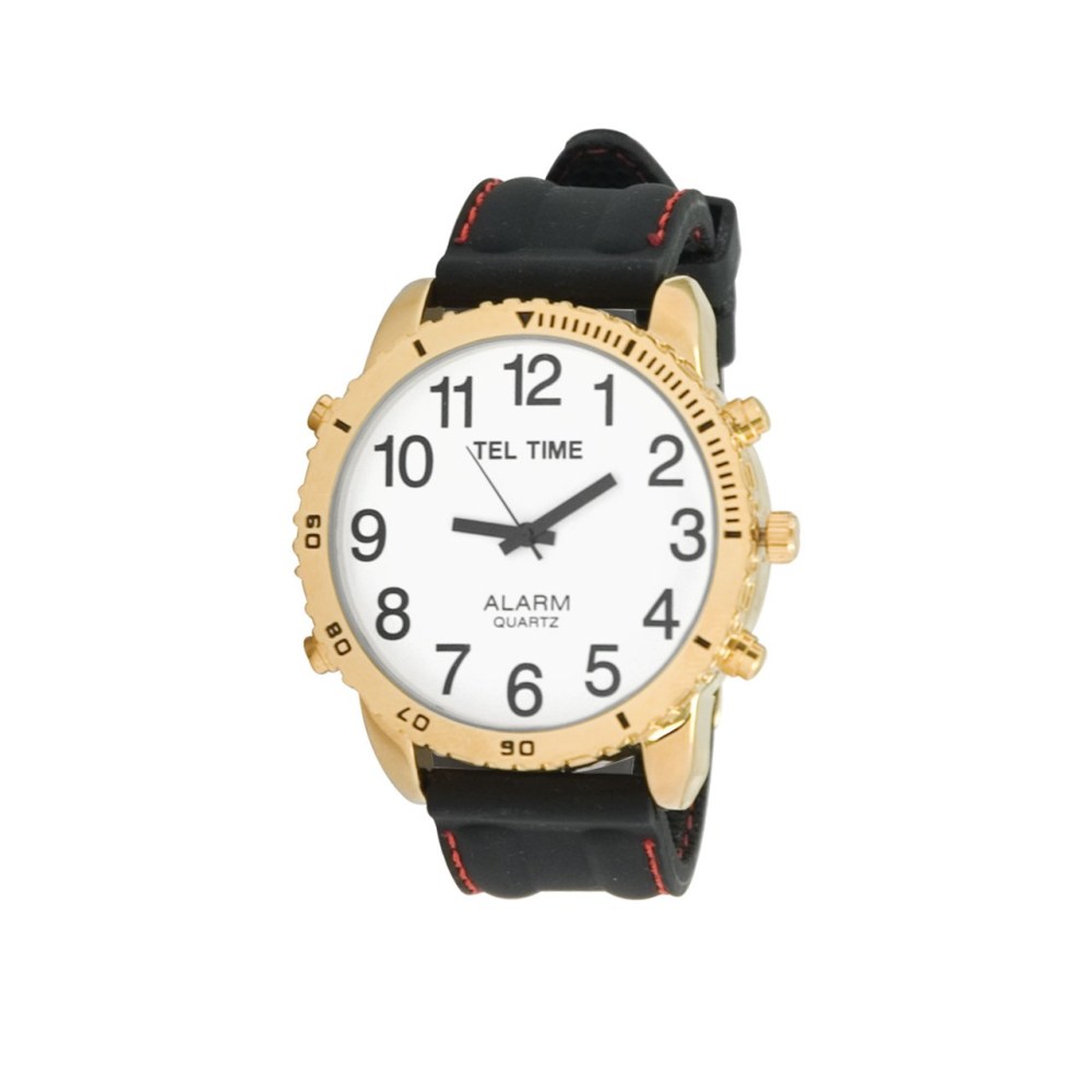 Large Dial Gold Tone Talking Vibrating Watch with Black Rubber Band