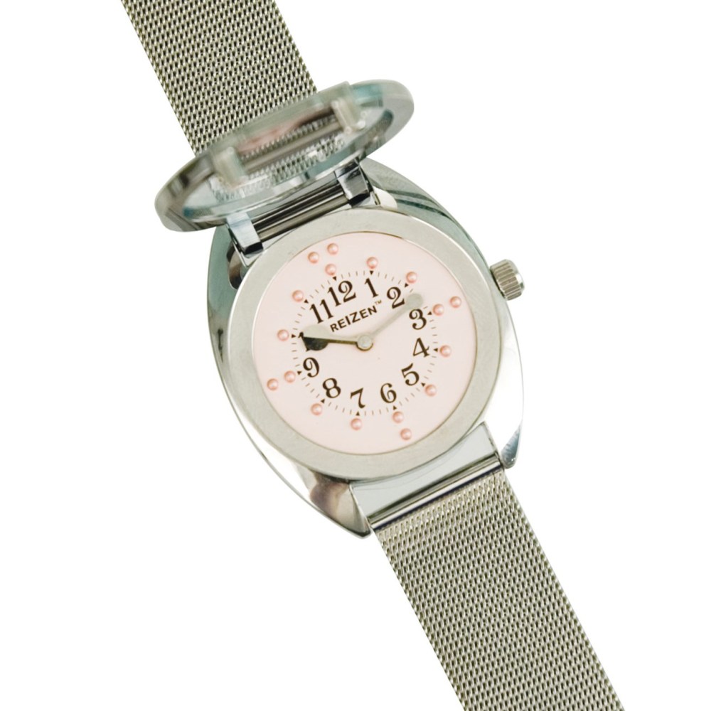 Ladies Braille Watch- Chrome- Steel Mesh Band- Pink Dial