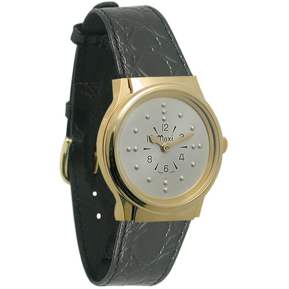 Mens Gold-Tone Quartz Braille Watch with Leather Band