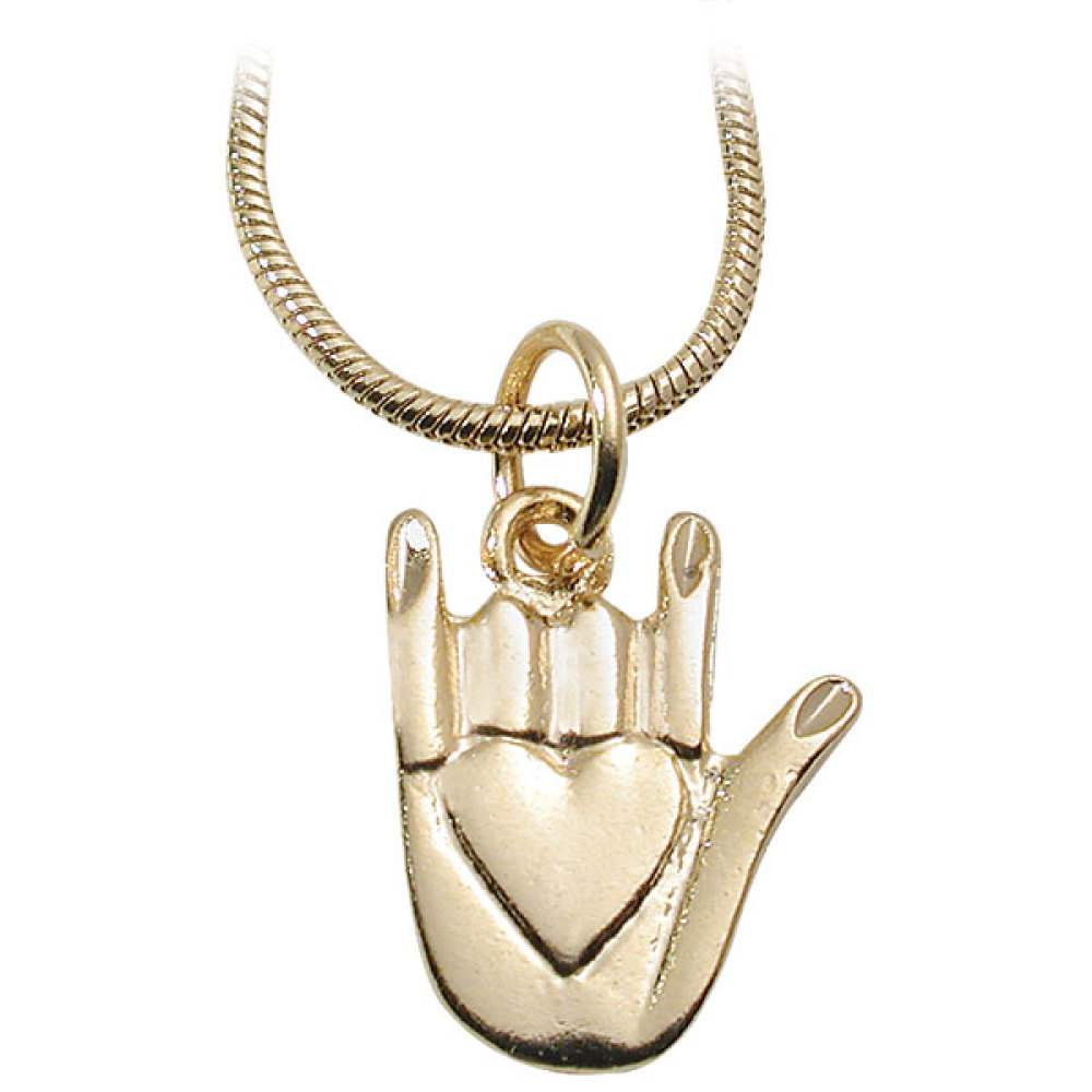 I Love You Hand-Shaped Medallion with Heart and Chain - Gold Plated
