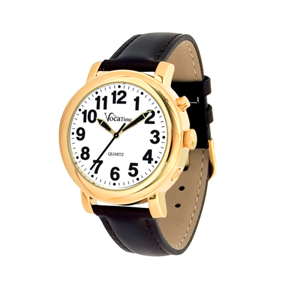 VocaTime Mens Gold Tone Talking Watch- Black Leather Band