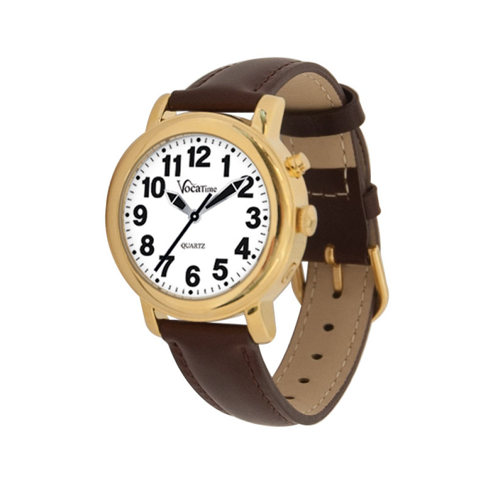 VocaTime Womens Gold Tone Talking Watch- Brown Leather Band