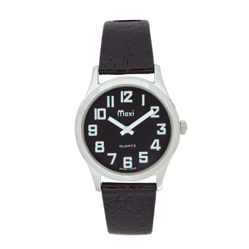 Mens Chrome Low Vision Watch, Black Face, Leather Band