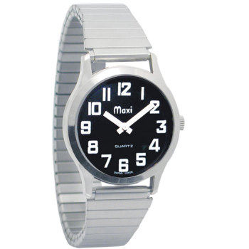 Mens Chrome Low Vision Watch, Black Face, Expansion Band