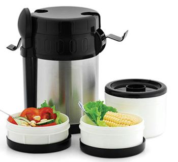Stainless Steel Flask with Three Individual Food Compartments, 2-Liter Stainless Steel Flask with Three Individual Food Compartments, 2-Liter