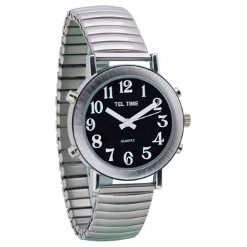 Tel-Time Mens Chrome Talking Watch - Black Face, Expansion Band