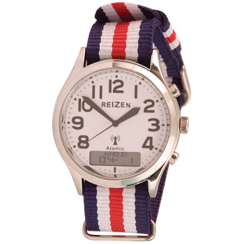 Reizen Low-Vision Ana-Digit Atomic Watch- Red-White-Blue Striped Band