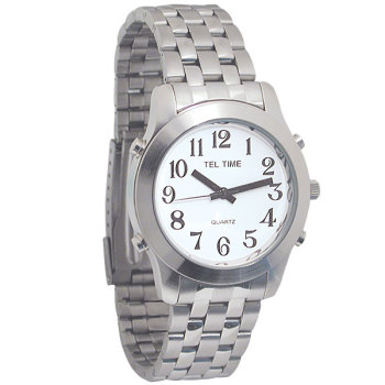 Mens Classic Tel-Time Chrome Talking Watch with White Dial-Chrome Bracelet Band