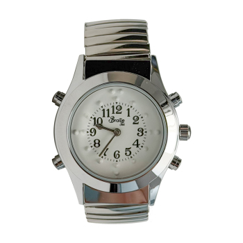 Mens Chrome Braille Talking Watch - Spanish- White Dial Expansion Band