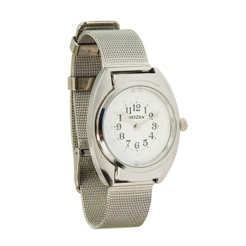 Unisex Braille Watch- Chrome- Steel Mesh Band- White Dial