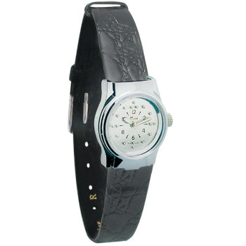 Ladies Chrome Quartz Braille Watch with Leather Band