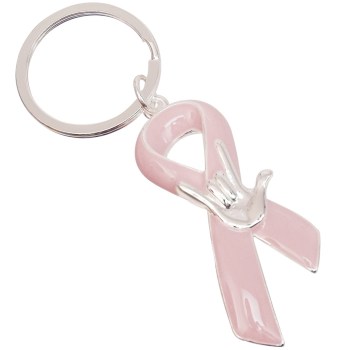 Pink Ribbon Keyring with ILY -I Love You  Symbol - Silvertone Pink Ribbon Keyring with ILY -I Love You  Symbol - Silvertone