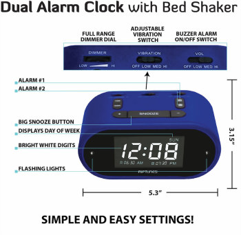 USB Alarm Clock w Vibrating (Soft-Med-Strong)- Blue