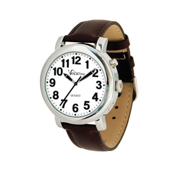 VocaTime Mens Chrome Talking Watch- Brown Leather Band
