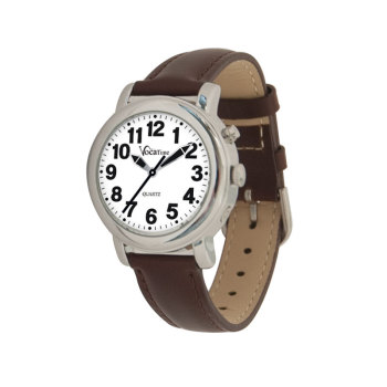 VocaTime Womens Chrome Talking Watch- Brown Leather Band